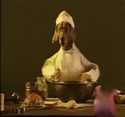 animation of dog preparing a meal with his hands